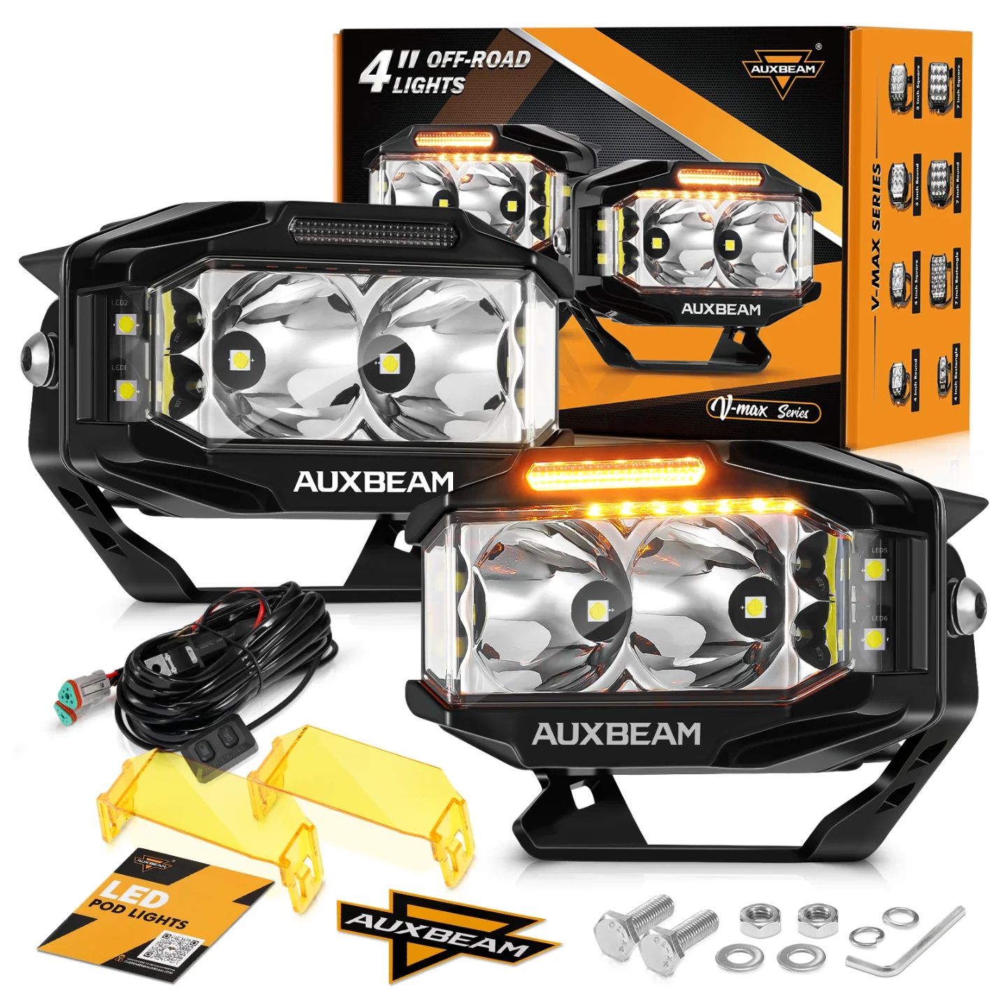AUXBEAM V-MAX Series 4 Inch 72W  LED Pod Lights Combo Beam Side Shooter LED Rectangular Pod Lights with Amber DRL Work Lights