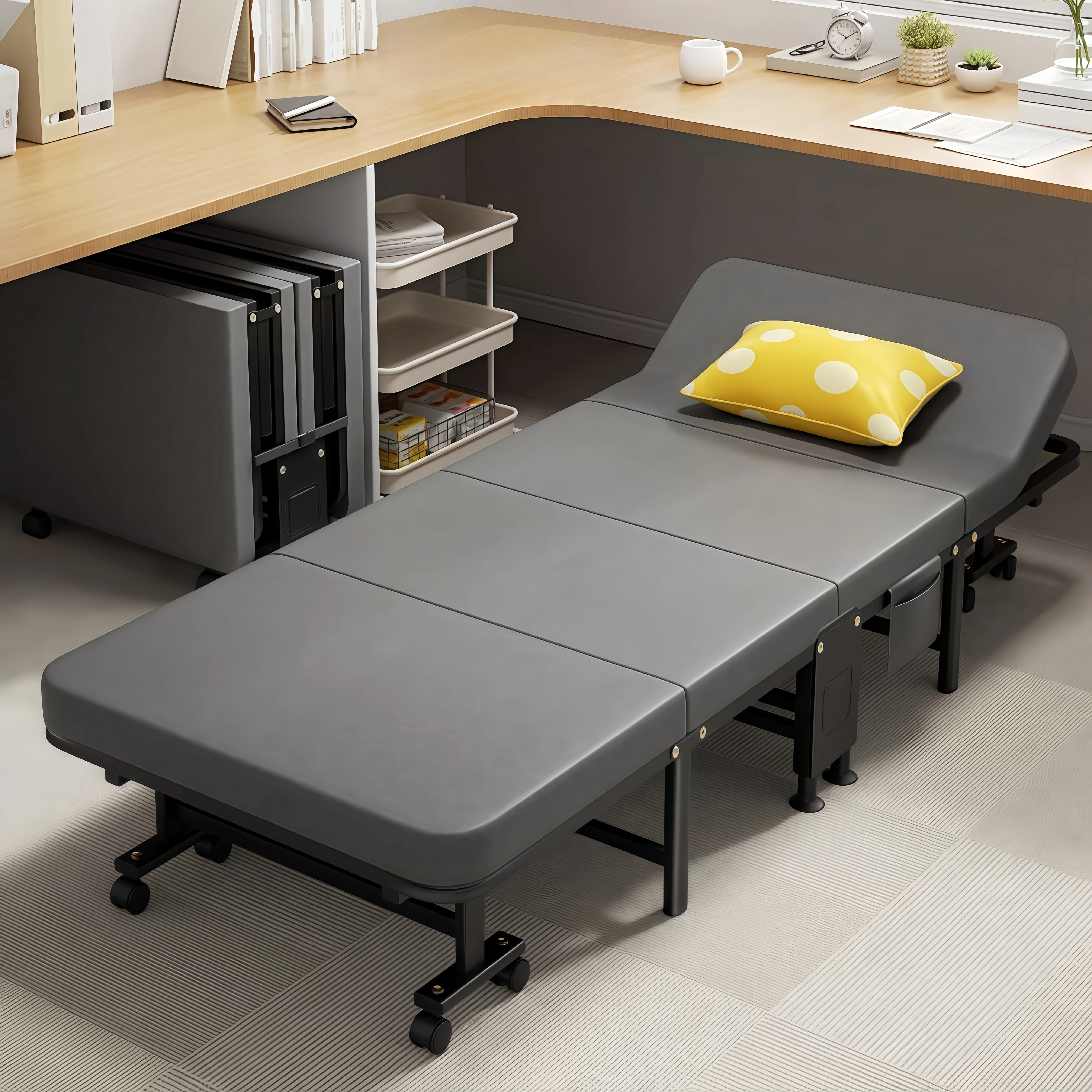 1 Dust Cover for a Folding Bed or 1 Folding Bed, Multifunctional Tech Fabric with High-Density Foam Mattress, Compact Storage Space, Single Bed, Folds into a Quarter, Easy to Assemble, with Wheels, Lightweight, Portable Iron Frame Design Suitable for Office, Outdoor or Home Use, Safe Design