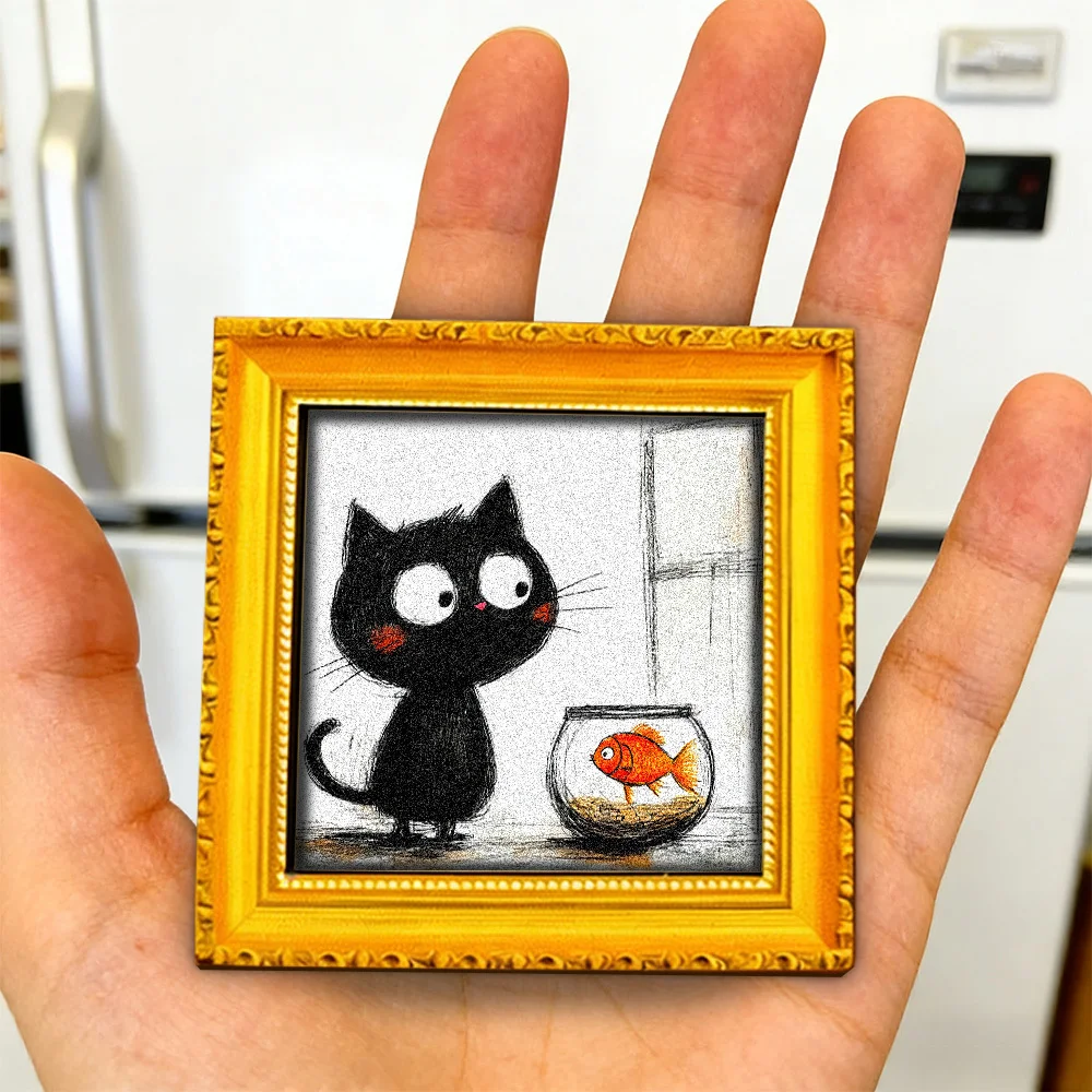 1pcs Curious Black Cat & Goldfish Wooden Fridge Magnet Mini Decor Plaque Home Office Kitchen Holiday Gift, Full Magnetic Back