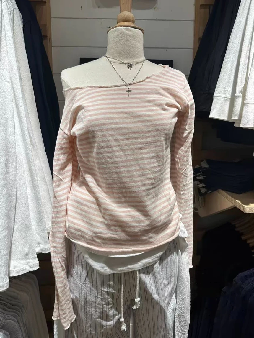 New Pink Striped Long Sleeve T-shirt Woman Spring Raw Hem Slash Neck Slim Tee Tops Casual Sweet Preppy Style Cotton Tshirt Y2k