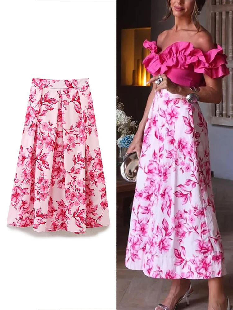 ZABA Women\'s Pink Floral Printed Casual Long Skirt Vintage Fashion Sweet Pleated Skirt High Waist Zip Slim Half-body Skirt