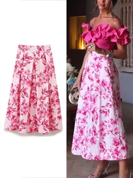 ZABA Women's Pink Floral Printed Casual Long Skirt Vintage Fashion Sweet Pleated Skirt High Waist Zip Slim Half-body Skirt