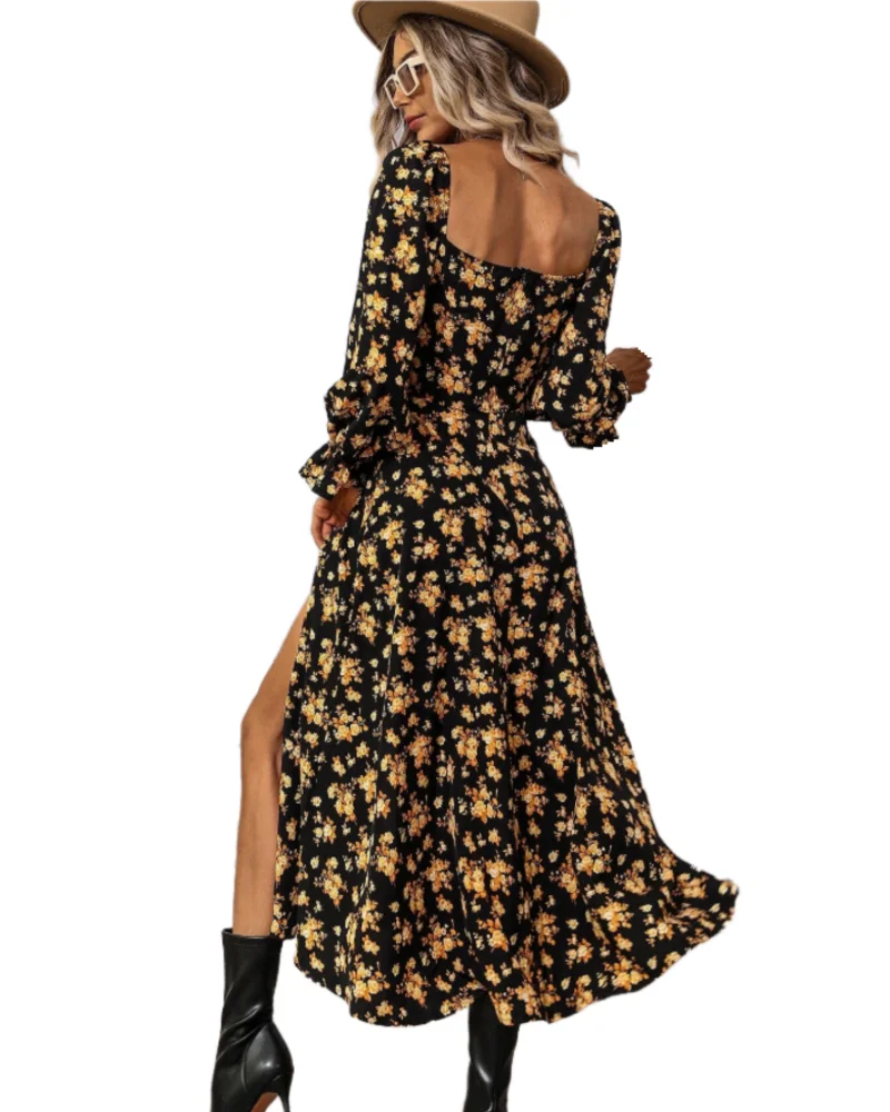 Spring Autumn Floral Long Dress Square Neck Printed Long Sleeve Bell Sleeve Slit Drawstring Dress Women\'s  Fashion Elegant Style