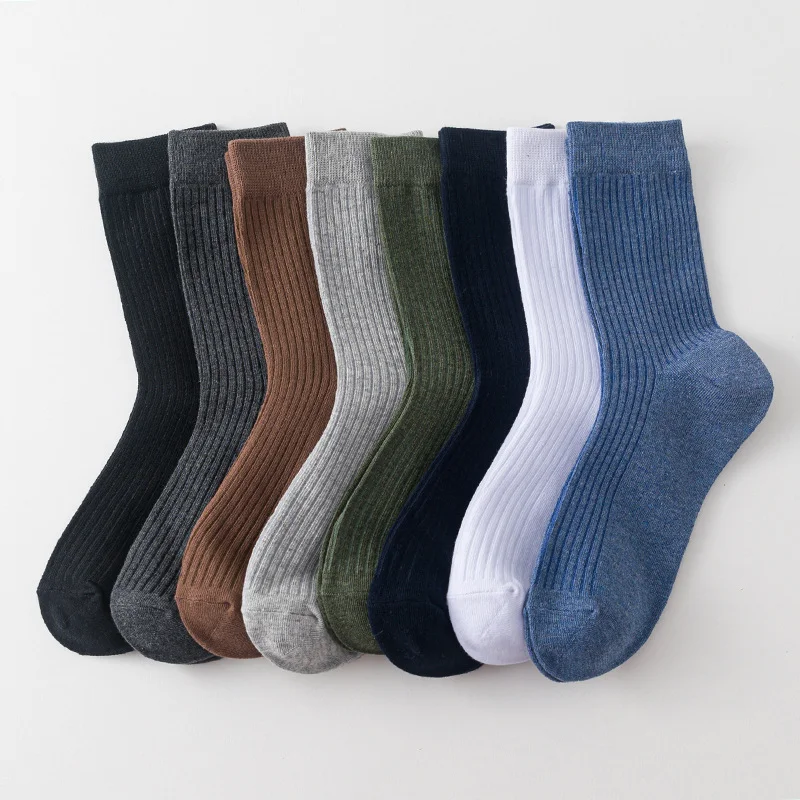 1/3 Pairs Men‘s Ribbed Crew Socks Classic Solid Color Cotton Vertical Striped Mid-Calf Casual Socks All Season