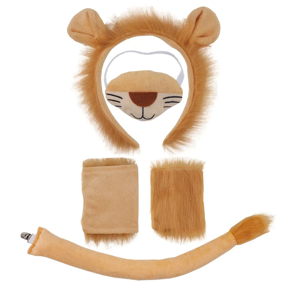 Lion Costume Set Ears Headband Paw Gloves and Tails Skirt for Kids Adult Halloween Dress-Up Accessory Kit