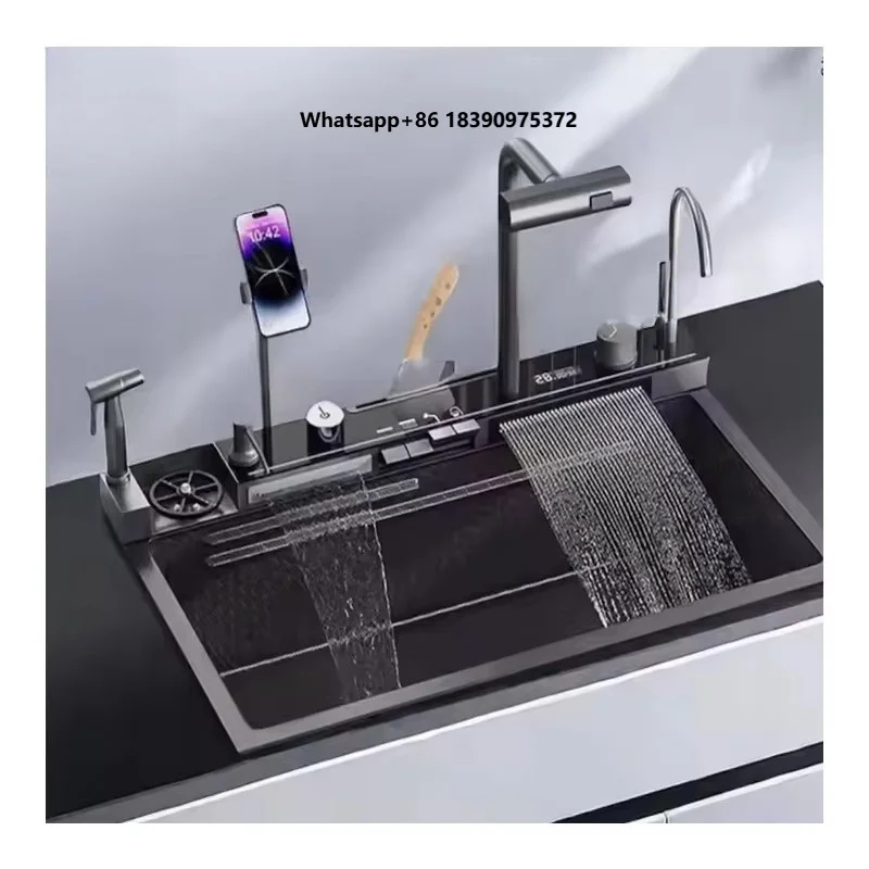 New Trends High Handmade Smart Waterfall Multi-Functional Kitchen Sink with Mobile Phone Holder&Spray