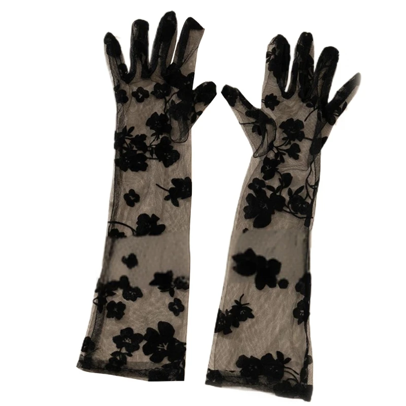 

1920s Long Lace Gloves Prom Party Dinner Dress Women Gloves Flower Pattern Elastic Cuffs Wedding Party Bride Gloves