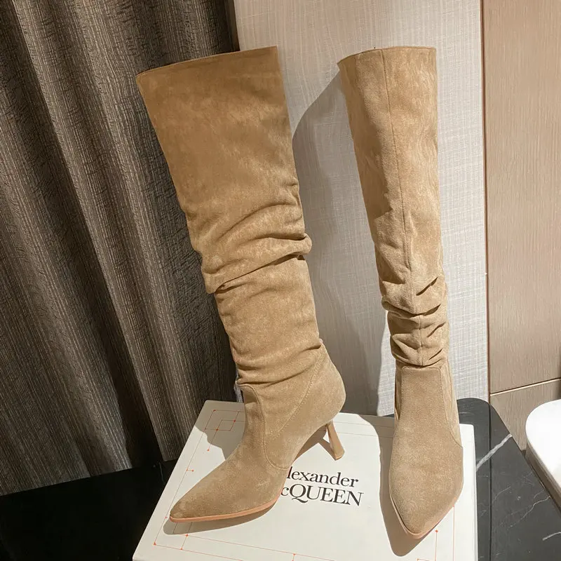 

Suede Leather Thigh High Boots Poined Toe Women Knee High Boots High Heels Ladies Runway Party Wedding Shoes Size 34-43