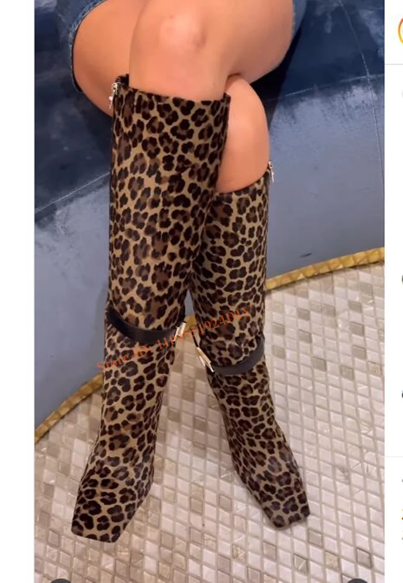 

105Mm Leopard-Print Boots Women's Knee Length Leopard Printed with Thick Heel Square Toe Metal Buckle Side Zipper Long Boots