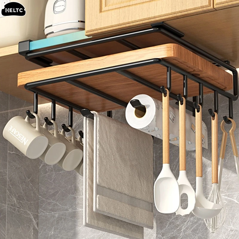 Double Stainless Steel Under Cabinet Hanging Rack Chopping Board Organizer Pot Lid Rack Tissue Holder Multipurpose Kitchen Shelf