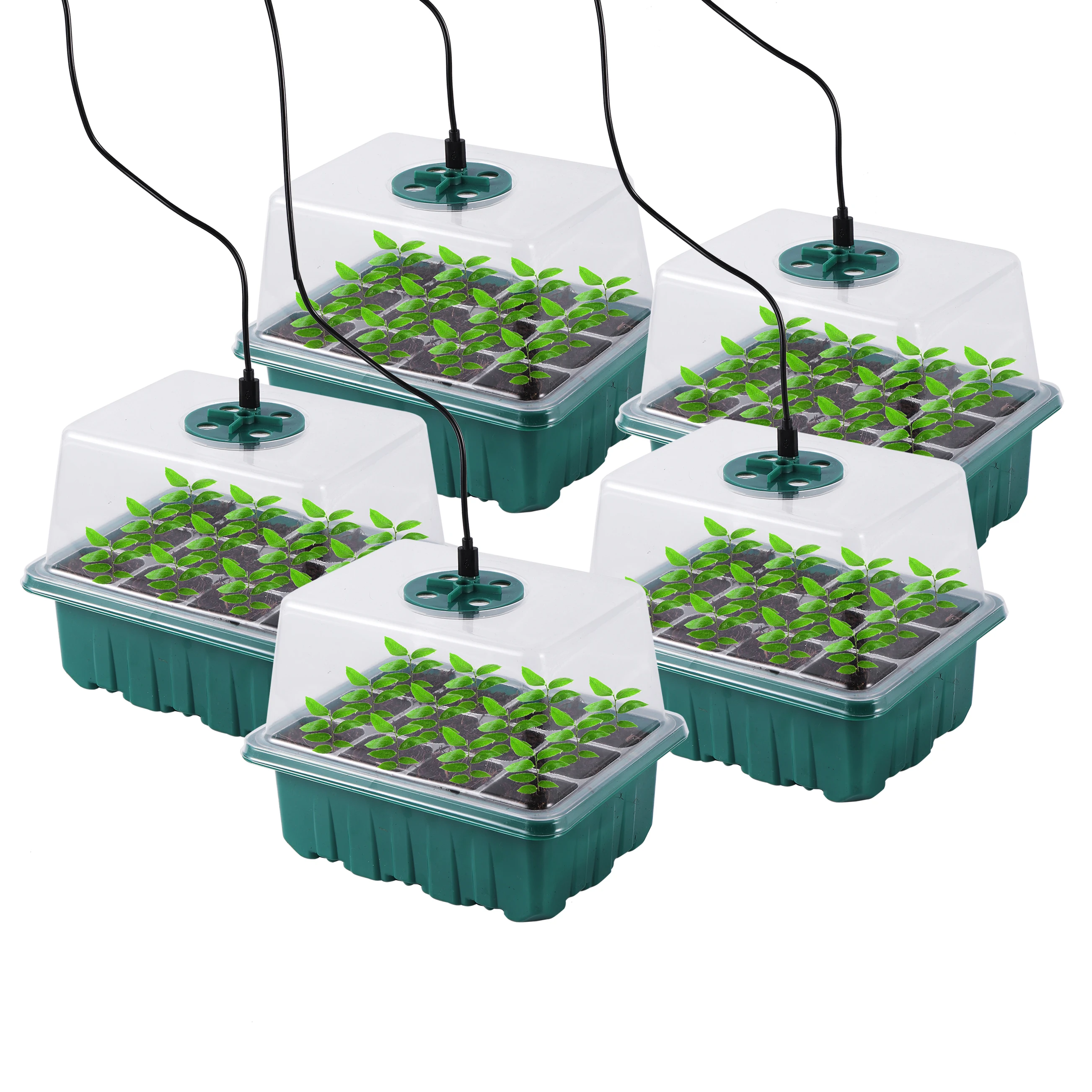 

New 5 Pack/Set LED Nursery Pots With Grow Light Plant Seed Starter Trays Home Greenhouse Growing Lamp with 12 Cell Per Tray