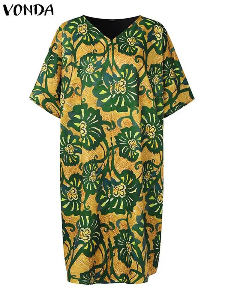 Plus Size 5XL Summer Dress Women Bohemian Floral Print Short Sleeve Dress Vintage Knee-length Vestidos 2024 Loose Beach Vestidos