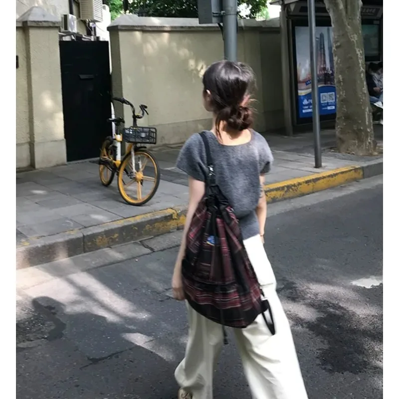 

2025New Retro Red Plaid Large Capaci Backpack Drawstring Closure Shoulder Bag Casual Slish Polyester Women's Backpack