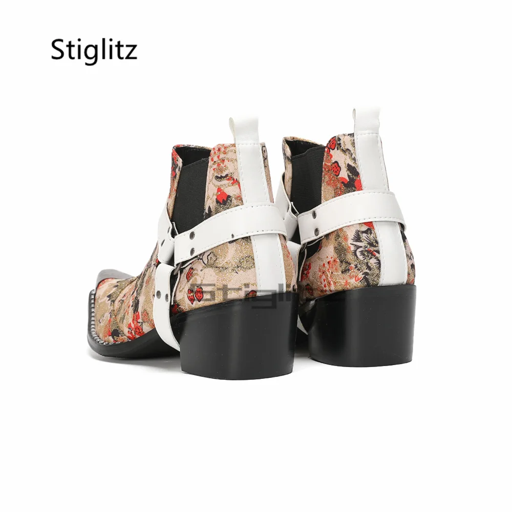 

Men's Prints High Heels Chelsea Boots Metal Pointed Toe Genuine Leather Slip On Ankle Boots Stretch Buckle Circle Male Shoes