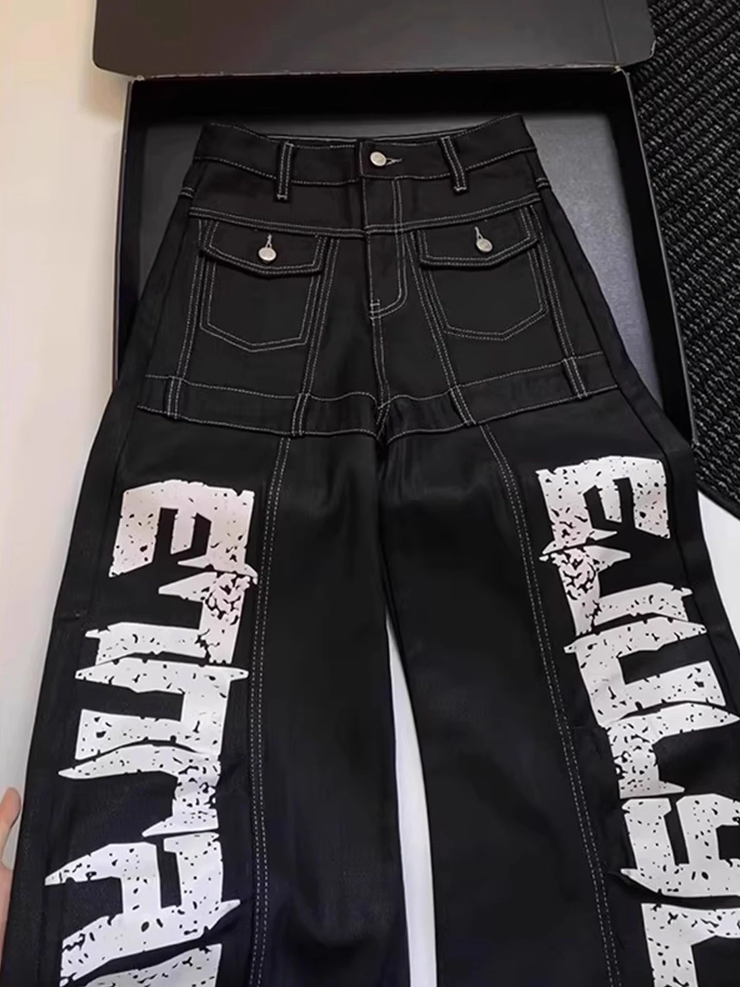 

American Sle Heavy Du Wide Leg Men's Jeans Letter Print Workwear Trousers CleanFit Editorial Small Design Casual Jeans