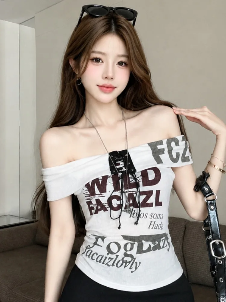 

Hot Girl Fashion Letter Print One Shoulder T-Shirt Women's Summer Slim Fit Tie Waist Short Sleeve Top Street Style Casual Wear