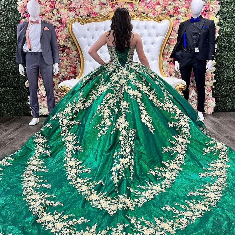 EVLAST Green Quinceanera Dress 2023 Sweetheart per 15 anni Ball Gown Gold Lace Appliques Sweet 16 Gown Vestido De 15 aecos TQD020