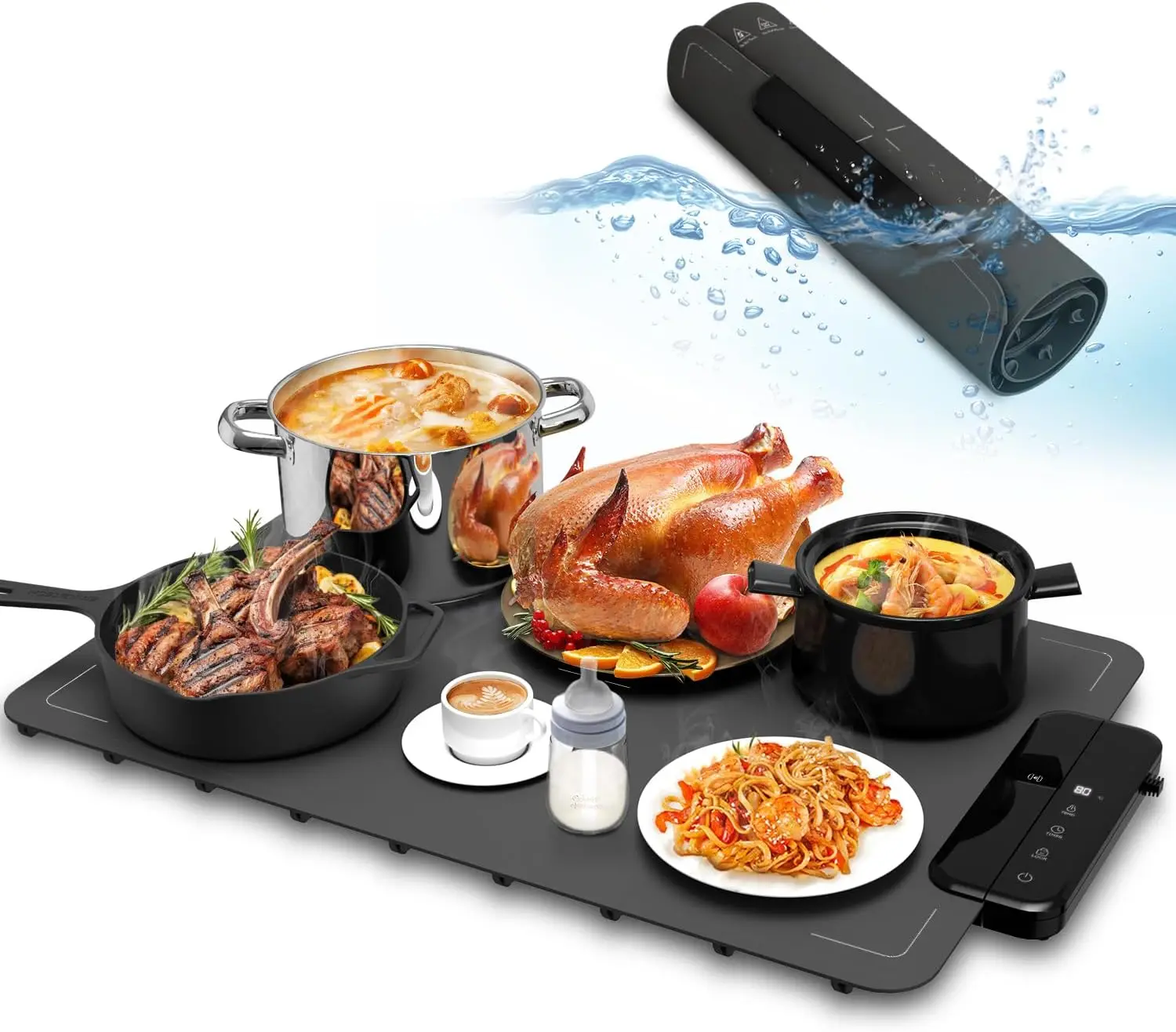 

Electric Warming Mat for Food, 24''x16 Washable Silicone Warming Tray with 6 Temp Settings, 6 Timers, Child Lock, and Auto