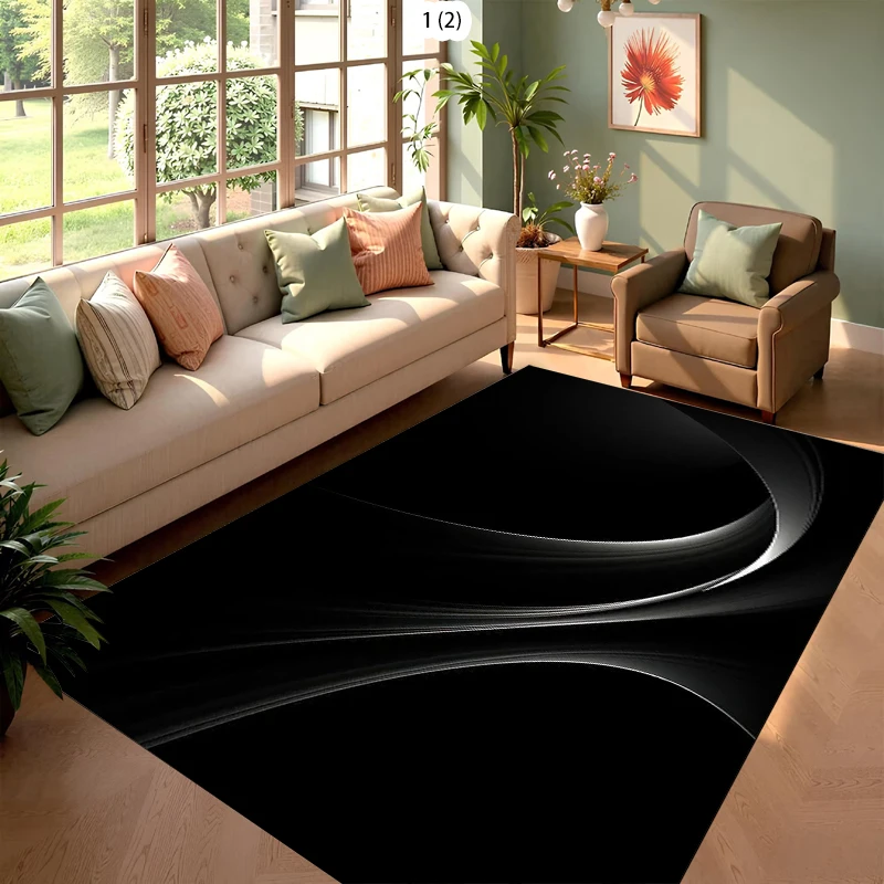 Modern Abstract Black and White Curved Pattern Area Rug, Soft Non-Slip Indoor Outdoor Floor Mat for Bedroom and Living Room