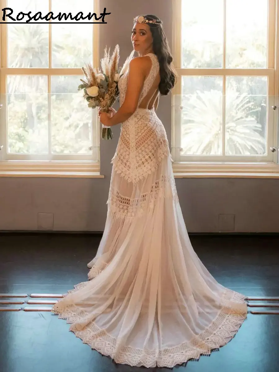 Charming Halter Open Back Wedding Dresses Mermaid Detachable Sleeve Appliques Lace Bridal Gown