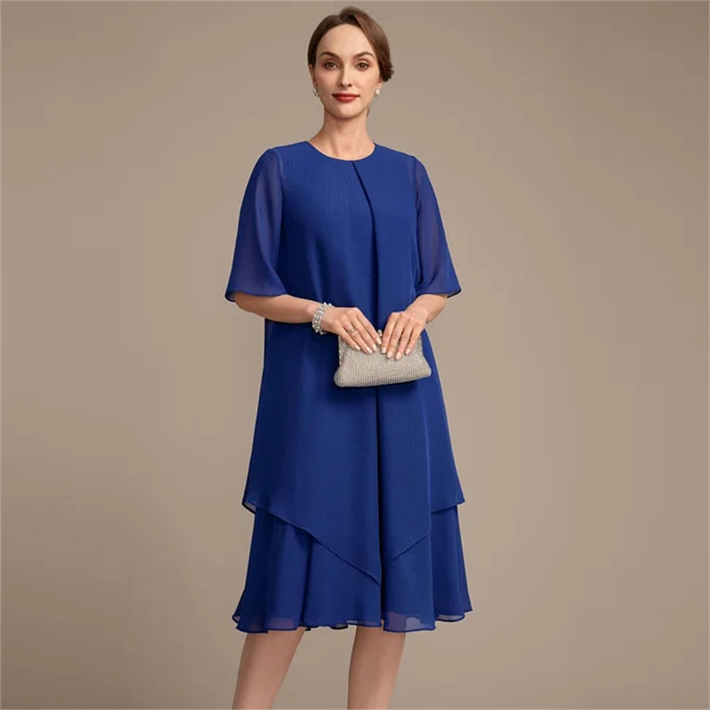 

Retro 2024 Mother of the bride A-line Dress Fashion see-through Sleeve Dress Crew Light Blue Chiffon Wedding Guest Dress