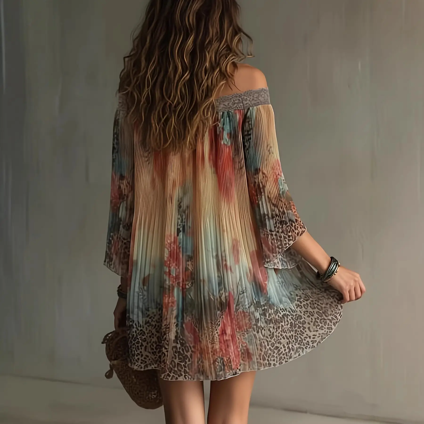 Lace Trim Off Shoulder A-Line Mini Dress Bohemian Summer Colorful Print Womans Dresses Beach Three Quarter Sleeve Prom Dress
