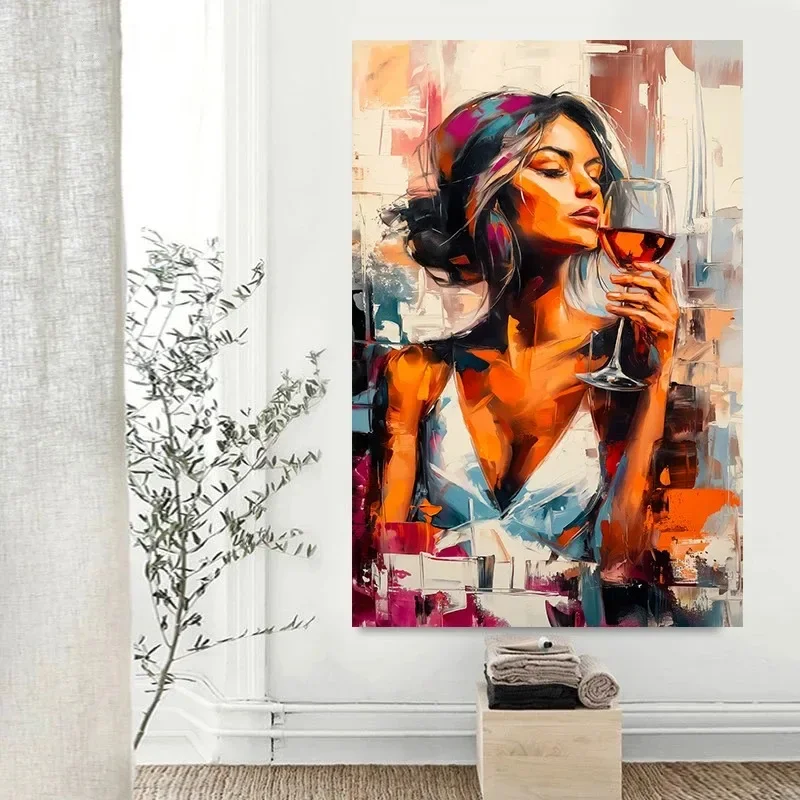 Sexy Woman Drink Wine Champagne Girl Wall Art Canvas Painting for Bar Living Room Home Decor