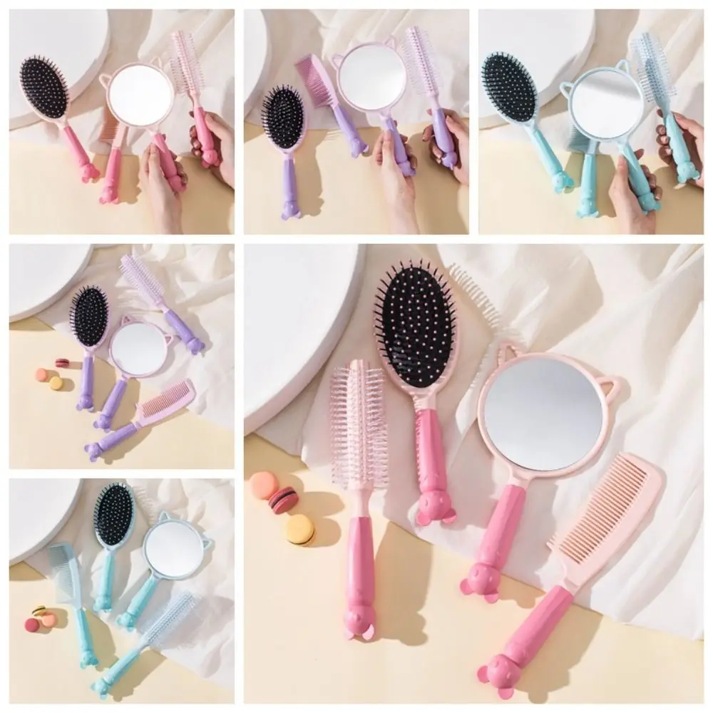 

4pcs/set Candy Colors Massager Comb Mirror Set Anti-slip Soft Air Cushion Comb Set Cartoon Anti-static