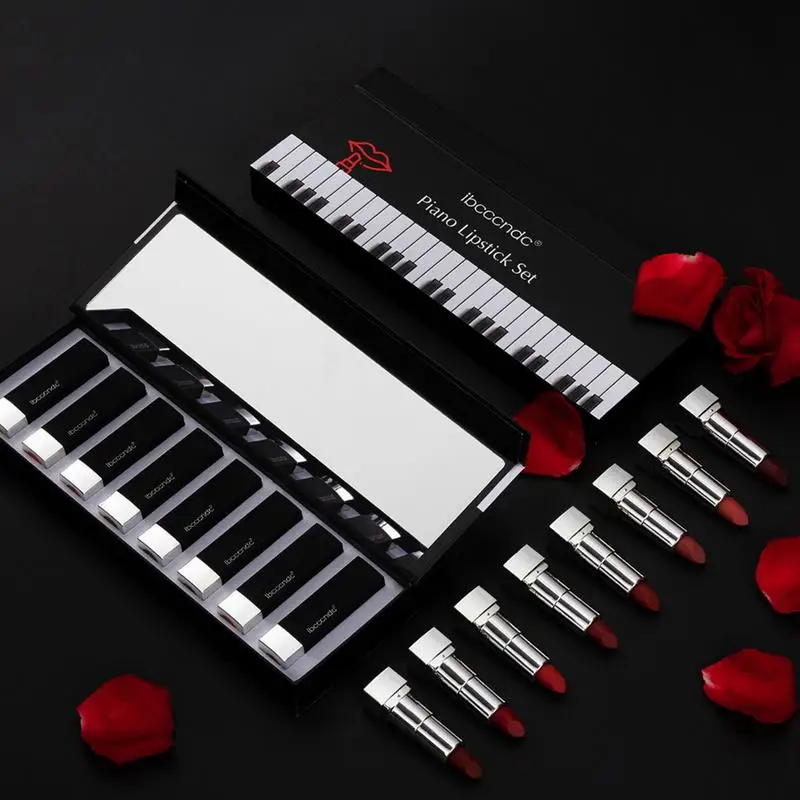 8Pcs/Set Velvet Matte Lipstick Set Long Lasting Waterproof Creative Piano Box Design Nude Red Batom Makeup Cosmetic Gifts