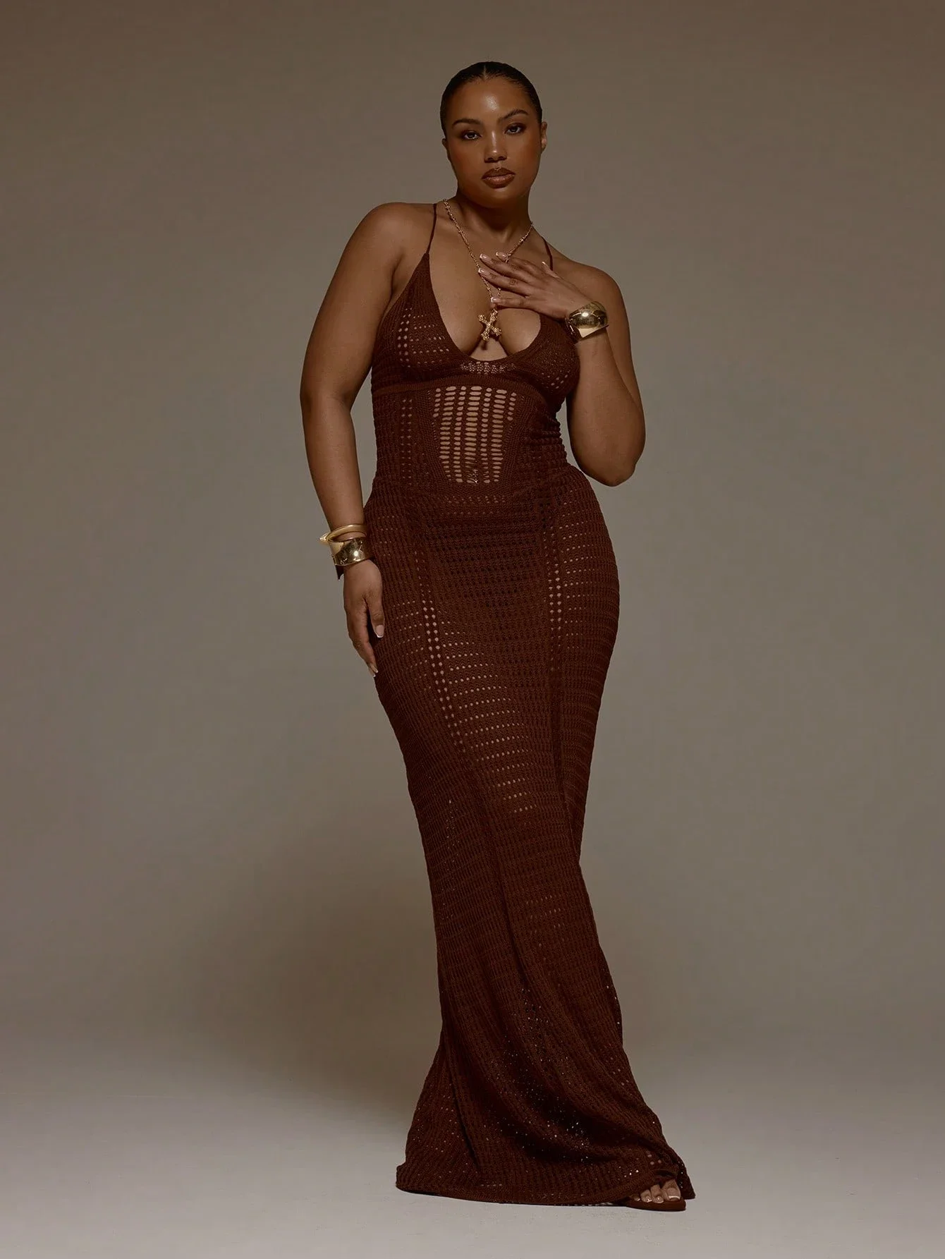 Brown Crochet Knit Halterneck Fitted Maxi Dress For Spring Summer Party Date Night