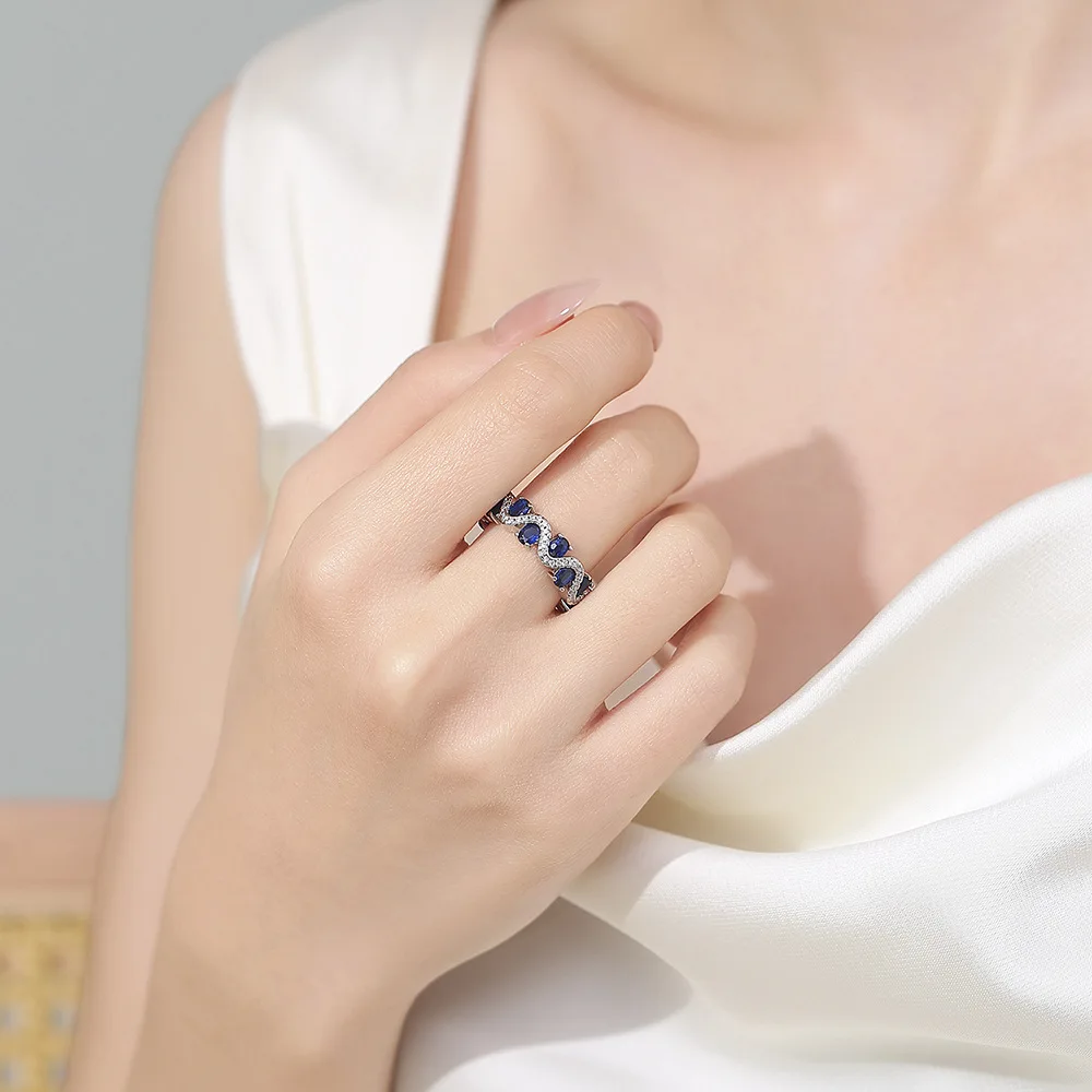 ضوء الموضة الفاخرة الأزرق الإسبنيل الزركون مطعمة مع 925 فضة تصميم موجة نمط حلقة الغلاف الجوي الراقية مجوهرات