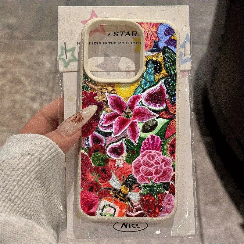 Beaded flower mosaic phone case, suitable for iPhone 17, 16, 15, Plus, Pro, Max series phones - suitable for use as a gift