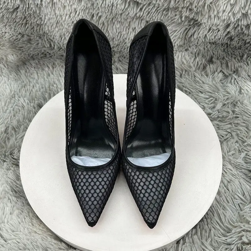 2026 New 12cm Bare Matte Mesh Fine Heels with Pointed Shallow Mouth Single Shoes for Women, Sexy and Comfortable