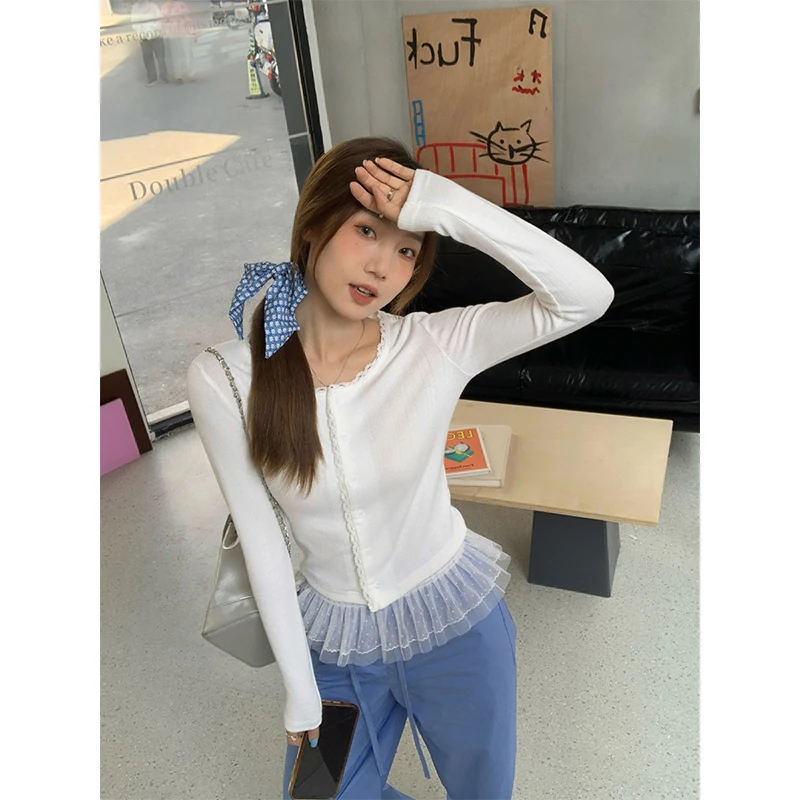 

GAODINGLAN Versatile Solid White Women T Shirts Ballet Lace Hem Long Sleeve Female Crop Tops Inner Slim Fit Bottoming Tees Lady