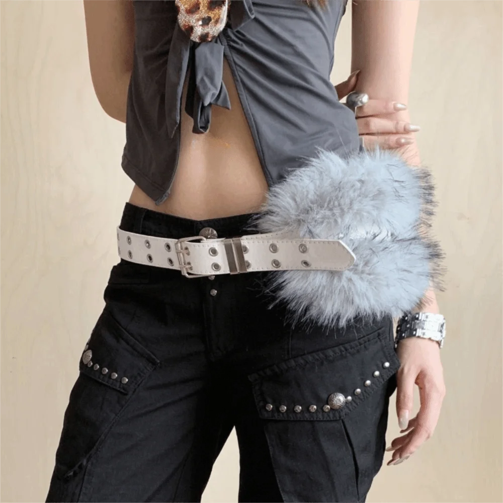 Personality PU Leather Leather Fur Belt Faux Fur Rivet Furry Waistband Korean Style Spicy Girl Style Y2K Waistband Daily