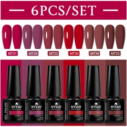 6pcs/set Red Color Nail Gel Polish Kits Solid Color Glitter Brown Red Gel Soak Off UV Semi-Permanent Varnish Nail Art Design