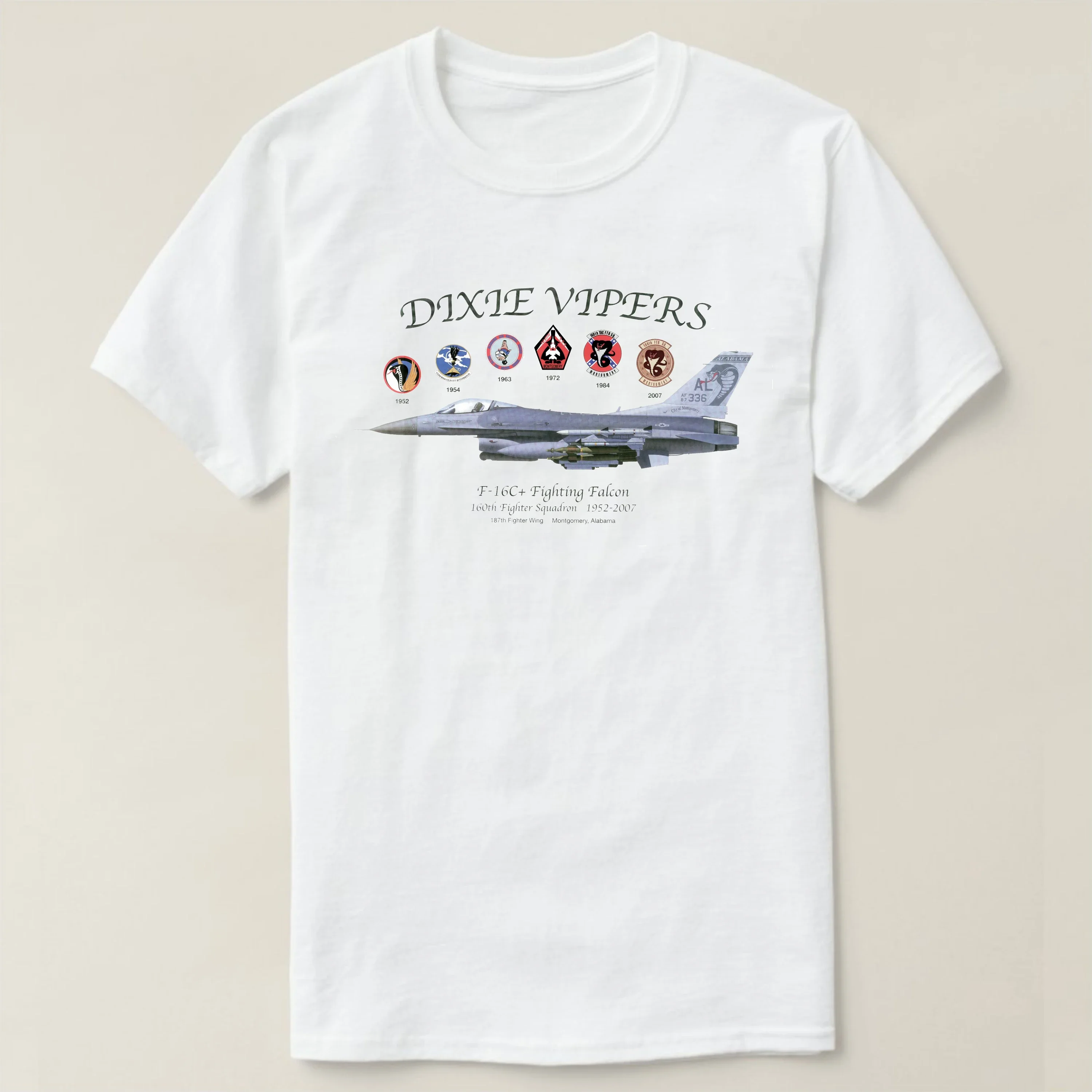 160th Fighter Squadron 187th Fighter Wing Dixie Vipers F-16C Fighting Falcon T-Shirt Short Sleeve Casual 100% Cotton T-shirt New