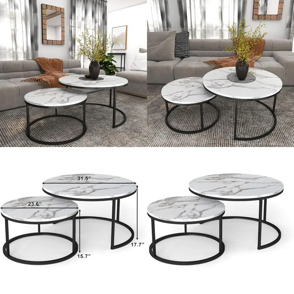 

Round Wooden Marble Accent Coffee Table Set, 2-Piece, 31.5 Diameter, Industrial Style for Living Room, Bedroom, or Balcony (Whit