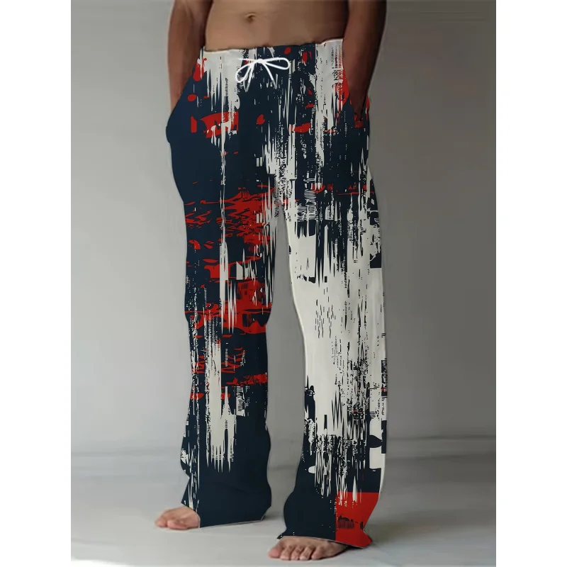 Pantalon rétro ample à jambes droites pour hommes, avec imprimé abstrait, décontracté, avec cordon de serrage, parfait pour les activités de plein air d'été, 2025