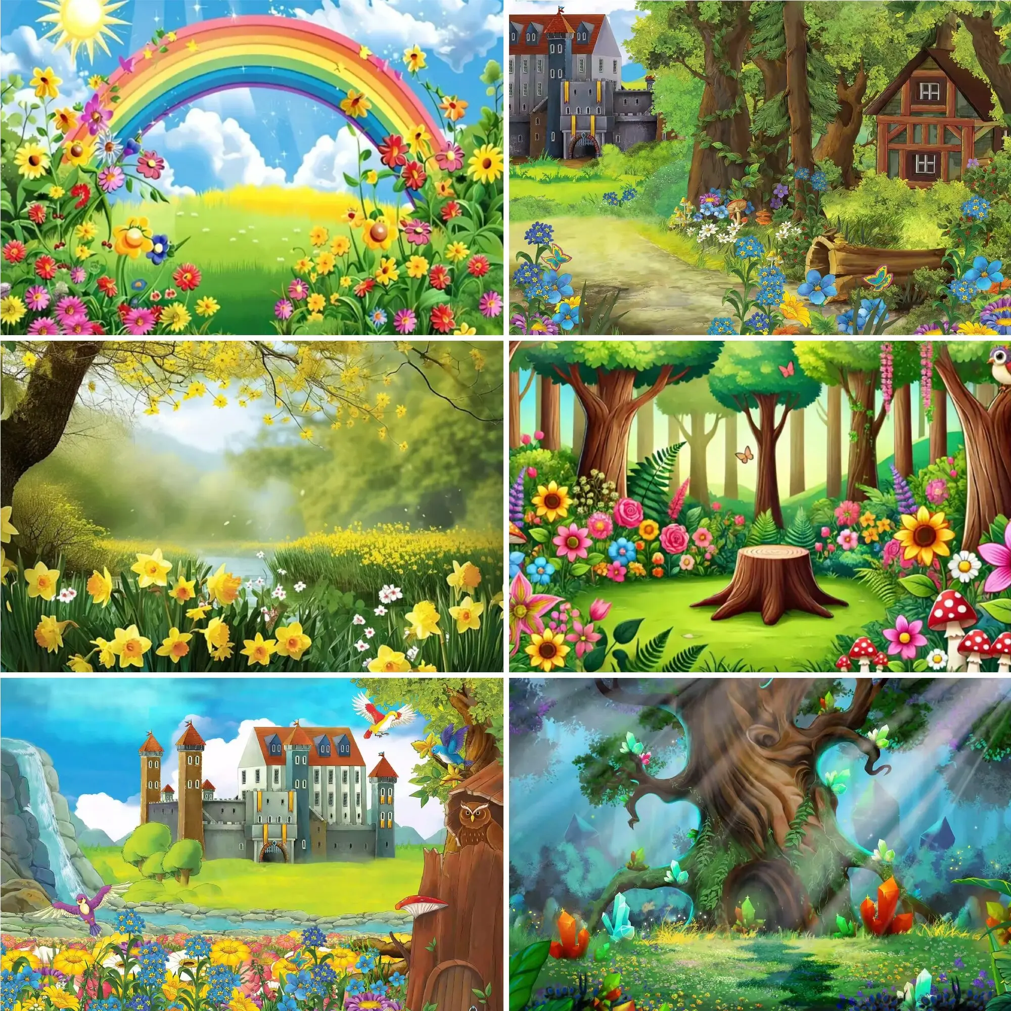 

Fairy Tale Castle Forest Rainbow Spring Flowers Photography Background Children's Birthday Party Decor Stage Play Performance