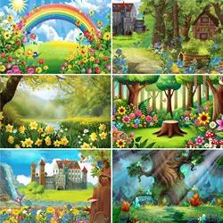 Fairy Tale Castle Forest Rainbow Spring Flowers Photography Background Children's Birthday Party Decor Stage Play Performance