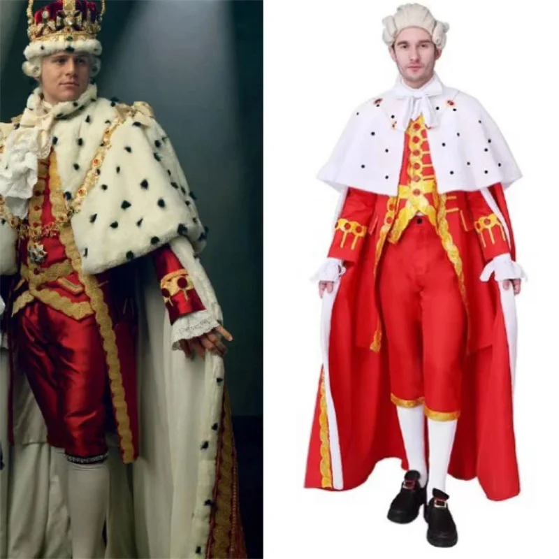 King George III Cosplay Costume Adult Men's  Medieval Cape Trousers Shirt Halloween Suit