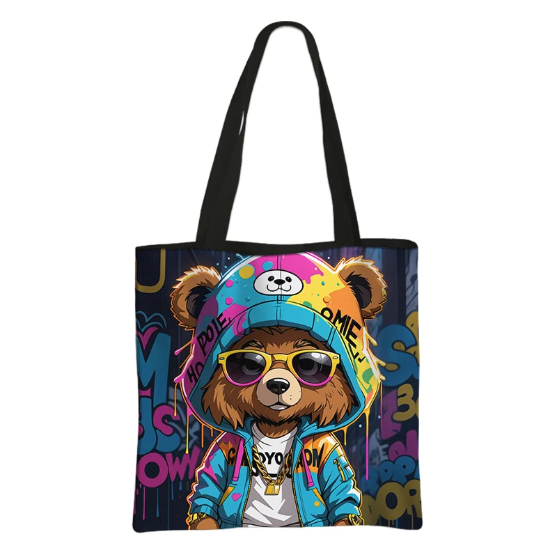 Cute Graffiti Female Bear Doll Print Storage Bag Women Reuseable Grocery Bag Ladies Eco Shopping Bags Clothes Organizer Gift