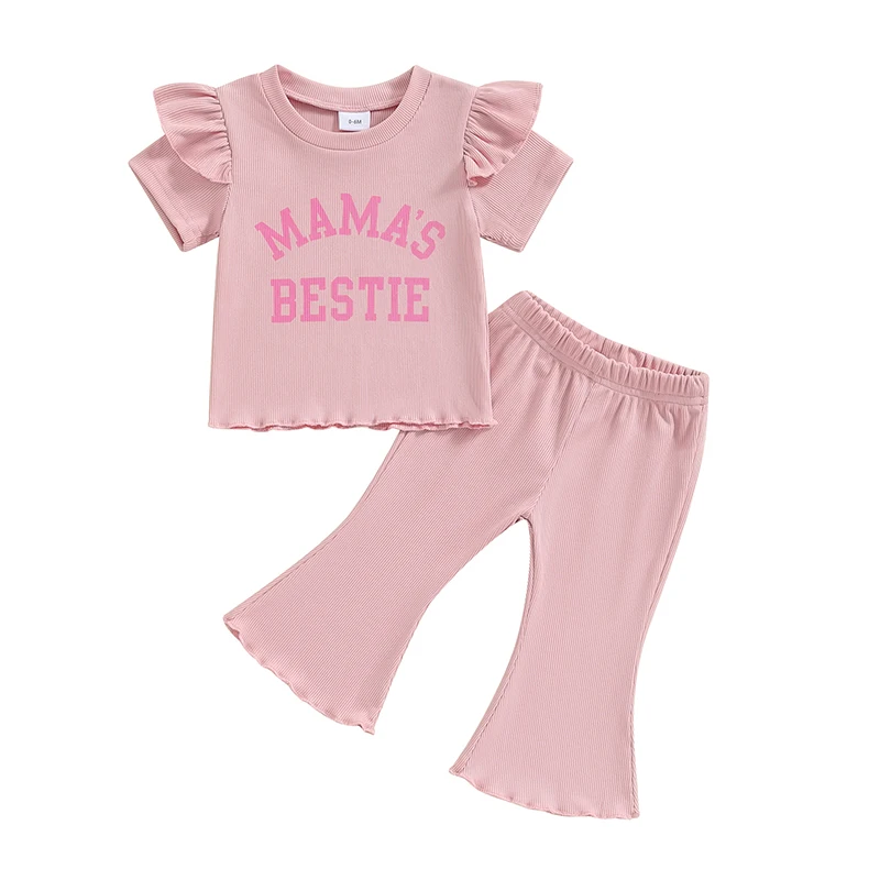 Little Girls Summer 2PCS Pants Sets Flying Sleeve Letter Print Tops Flared Pants Sets