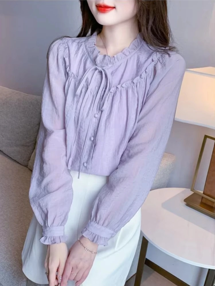 الأرجواني الإناث بلايز طويل القامة كامل كم طويل اليابانية Harajuku موضة بسيطة رخيصة أنيقة جميلة مع القوس قميص نسائي وبلوزة