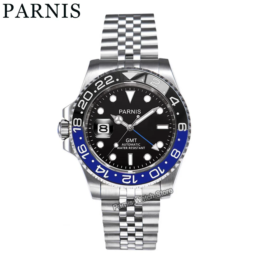 

Parnis 40mm Sapphire Crystal GMT Automatic Movement Left Crown Men Boy Wristwatch Luminous Marker Date Rotating Bezel