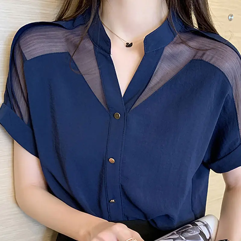 Casual Solid Color Commute Shirt Female Clothing Sheer Spliced Summer Fashion Single-breasted Elegant V-Neck Chiffon Blouse 2023