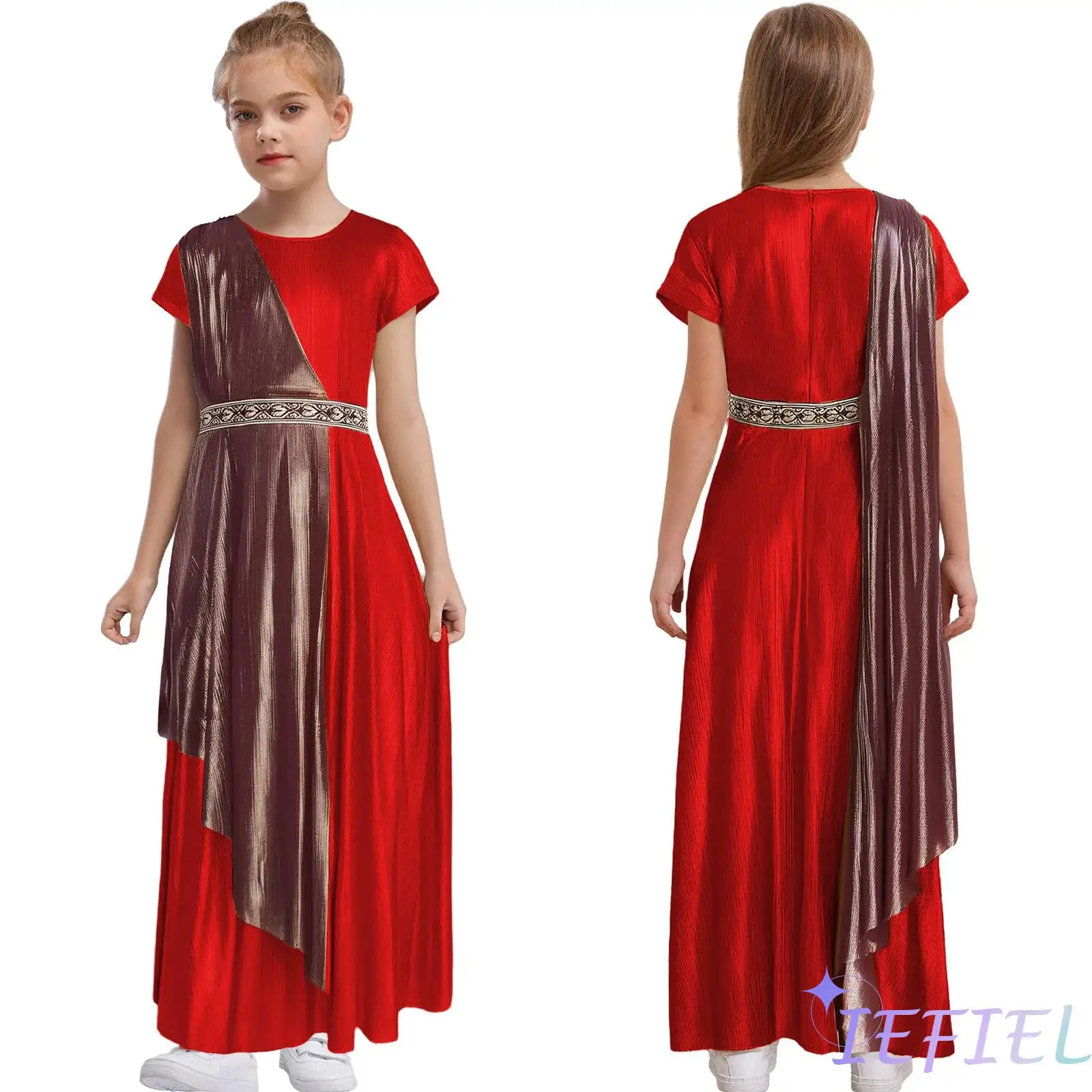 

Kids Girl Retro Cosplay Toga Robe Short Sleeve Vintage Metallic Shiny Princess Dress Up Dress for Halloween Carnival Party Theme