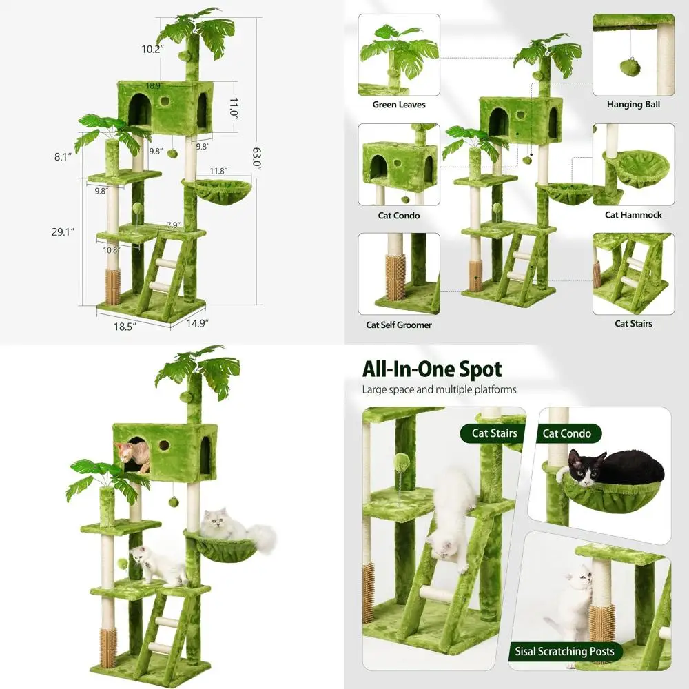 

Зеленое кошачье дерево Green 65 для дома с листьями, когтеточкой, гамаком, лежанкой, шариком-качалкой, самоочистителем для шерсти и лестницей