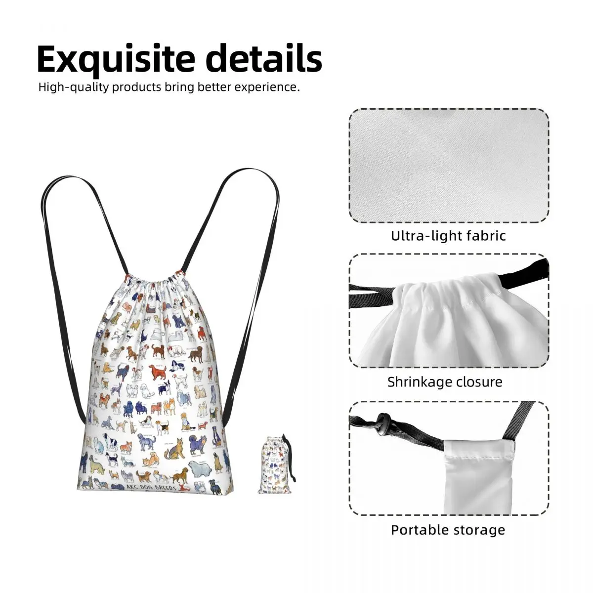Every AKC Dog Breed Drawstring Backpack hiking cycling Bag Portable Travel Drawstring Bag for Men Women